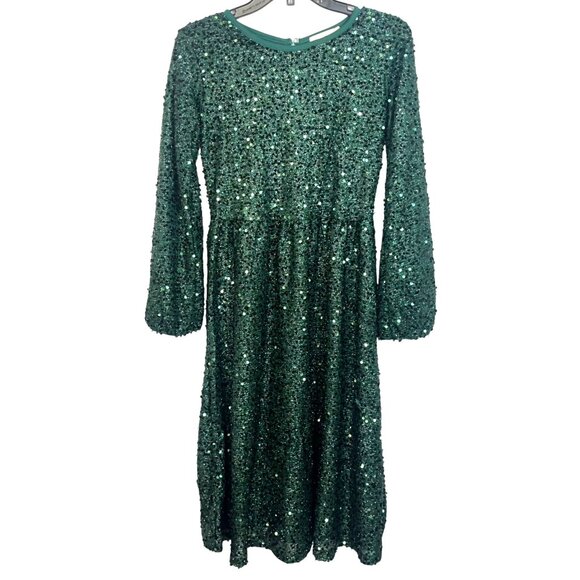 Green Sequin Long-Sleeve Knee-Length Dress By Marie Nicole Clothing S - Picture 1 of 8